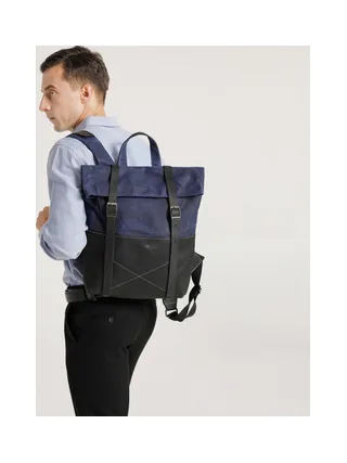 NES - Sac à dos en cuir véritable et toile enduite - Bleu 5