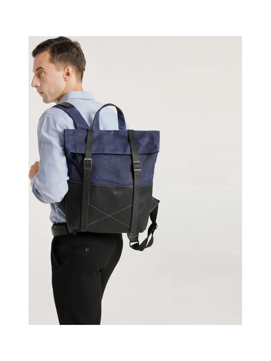 NES - Sac à dos en cuir véritable et toile enduite - Bleu 37