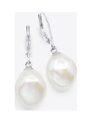 Boucles d'Oreilles Véritables Perles d'Eau Douce Baroques 12-13 mm — Or Blanc 375 Millièmes 1