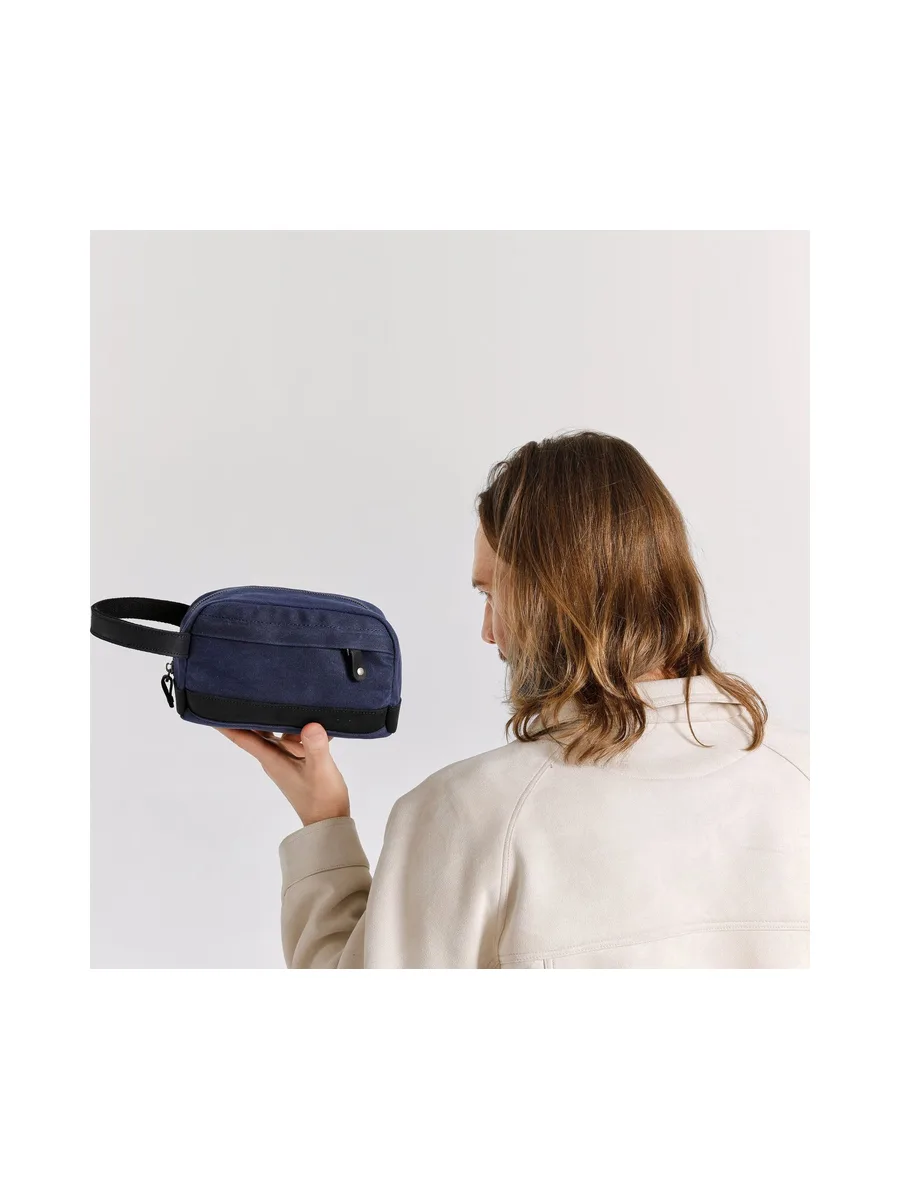 TONY - Trousse de toilette en cuir véritable et toile enduite - Bleu 40