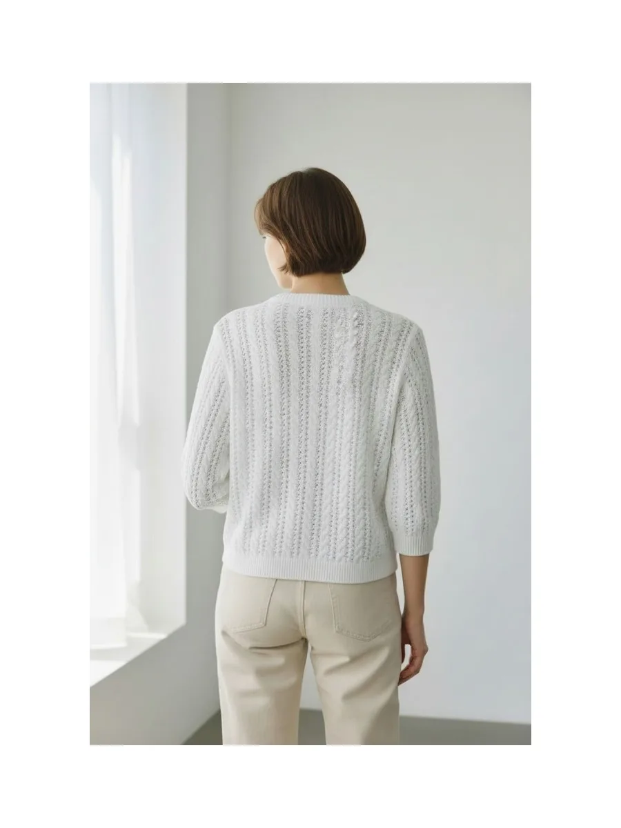 Gilet ajouré col rond boutonné devant avec poches à manches mi-long 3
