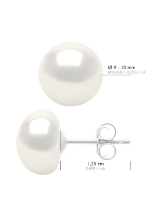 Boucles d'Oreilles Véritables Perles d'Eau Douce Bouton 9-10 mm — Or Blanc 375 Millièmes 2