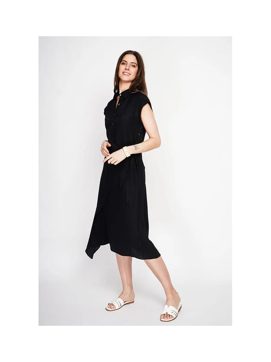 Robe longue col chemise boutonnée devant coupe évasée à manches courtes 12
