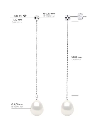 Boucles d'Oreilles Véritables Perles d'Eau Douce 9-10 mm Diamants 0.04 ct — Or Blanc 375 Millièmes 2