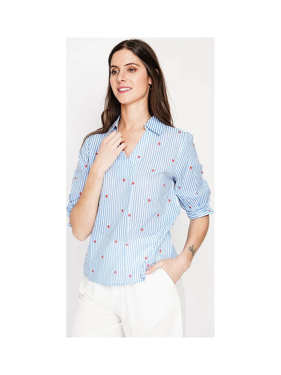 Blouse col chemise à rayure en coeur devant croisé en trapèze à manche 3/4 17