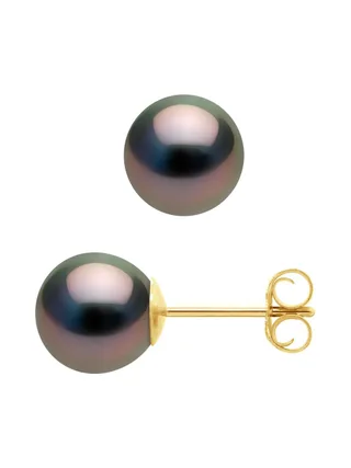 Boucles d'Oreilles Véritables Perles de Tahiti Rondes 7-8 mm — Or Jaune 375 Millièmes 1