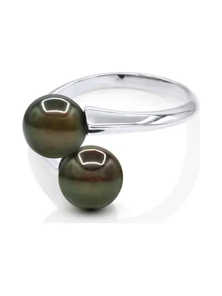 Bague Toi & Moi Véritables Perles de Tahiti Rondes 8-9 mm — Argent 925 Millièmes Rhodié 1