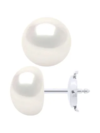 Boucles d'Oreilles Véritables Perles d'Eau Douce Bouton 9-10 mm — Or Blanc 375 Millièmes 2