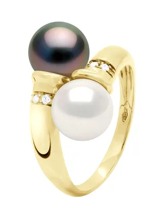 Bague Toi & Moi Perles d'Eau Douce et de Tahiti 8-9 mm Diamants 0.06 ct — Or Jaune 375 Millièmes 1