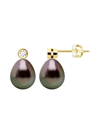 Boucles d'Oreilles Véritables Perles de Tahiti 9-10 mm Diamants 0.04 ct — Or Jaune 375 Millièmes 5