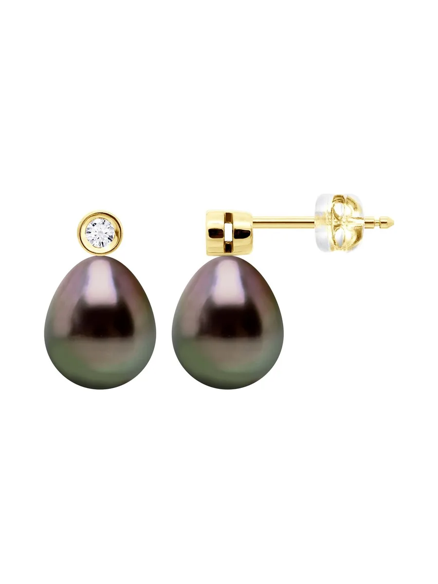Boucles d'Oreilles Véritables Perles de Tahiti 9-10 mm Diamants 0.04 ct — Or Jaune 375 Millièmes 5