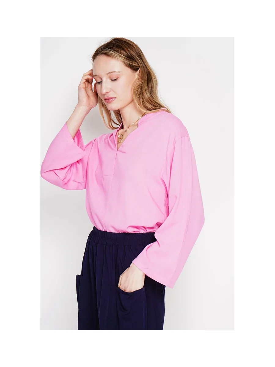 Blouse coupe ample col V en type polo à manches courtes 9