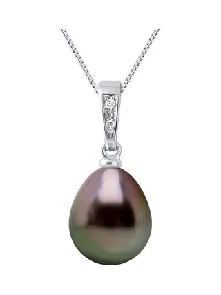 Pendentif Véritable Perle de Tahiti Poire 9-10 mm Diamants 0.01 ct — Or Blanc 375 Millièmes 1