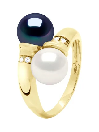 Bague Toi & Moi Véritables Perles d'Eau Douce 8-9 mm Diamants 0.06 ct — Or Jaune 375 Millièmes 1