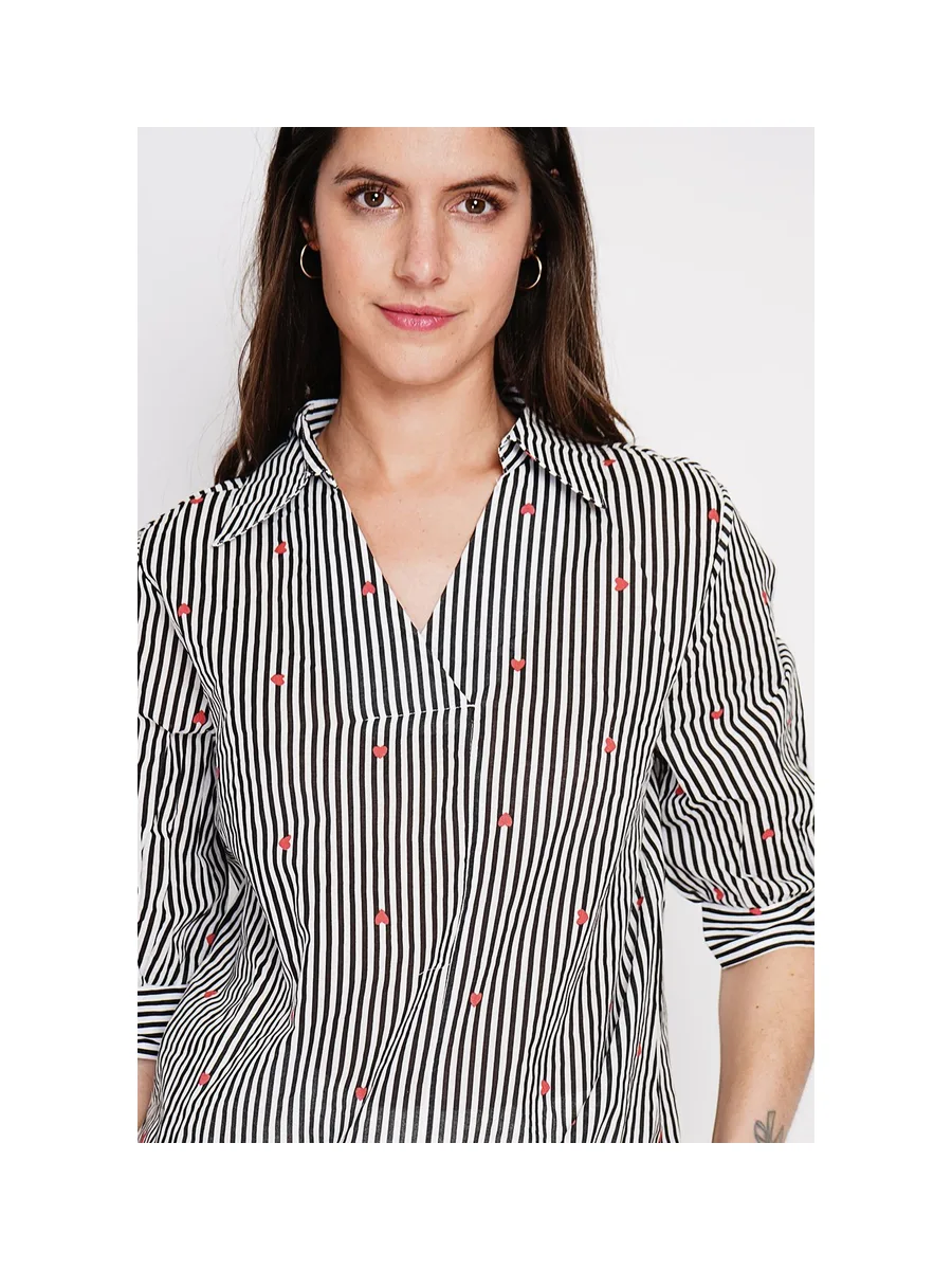 Blouse col chemise à rayure en coeur devant croisé en trapèze à manche 3/4 12