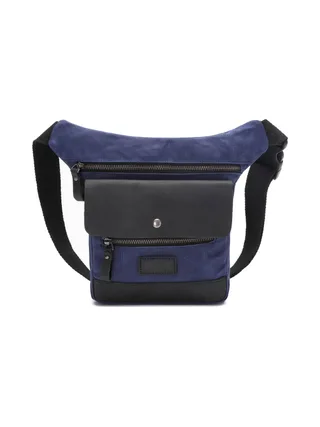 JEFF - Pochette banane en cuir véritable et toile enduite - Bleu 1