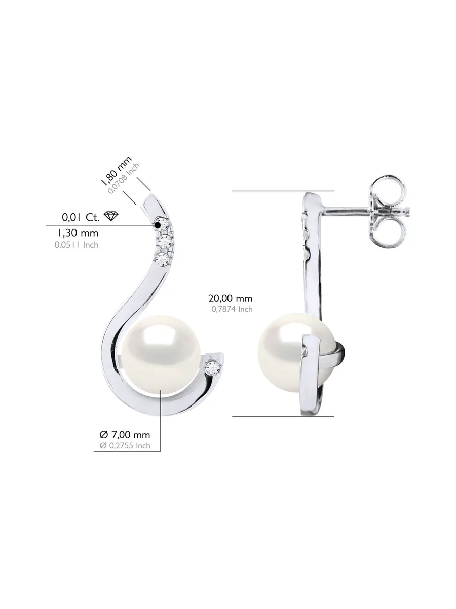 Boucles d'Oreilles Véritables Perles d'Eau Douce 7-8 mm Diamants 0.08 ct — Or Blanc 375 Millièmes 3