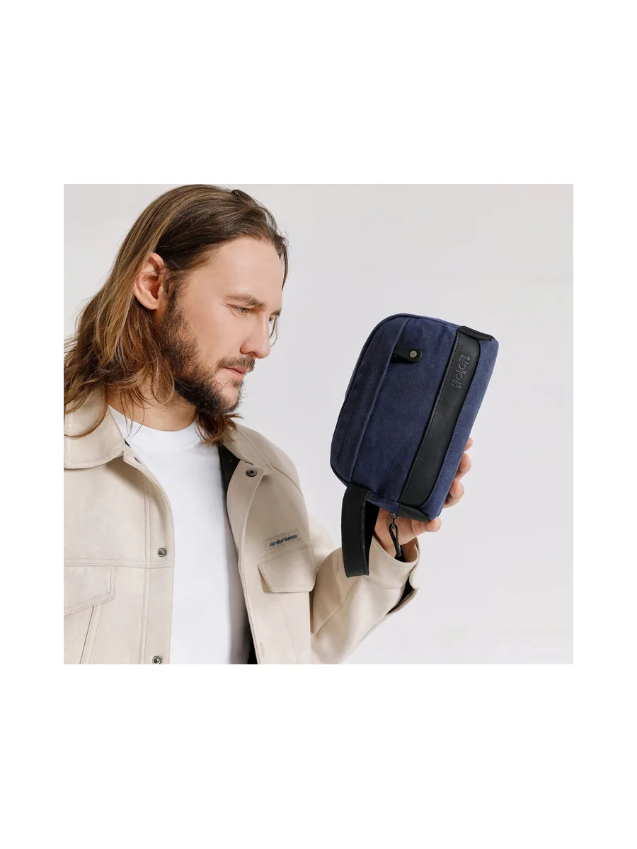TONY - Trousse de toilette en cuir véritable et toile enduite - Bleu 37