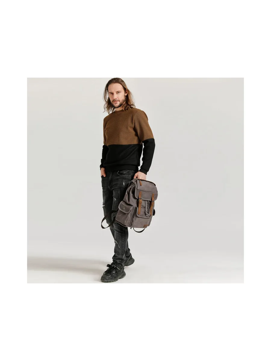 BILL - Sac à dos en cuir véritable et toile enduite - Bleu 58