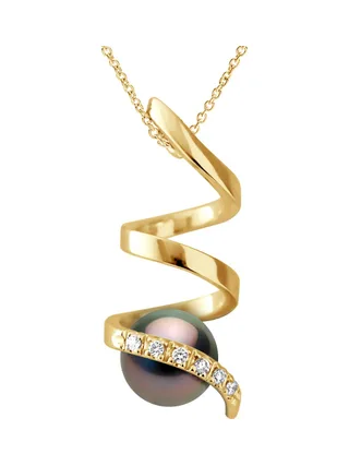 Pendentif Véritable Perle de Tahiti Ronde 7-8 mm Diamants 0.06 ct — Or Jaune 375 Millièmes 1