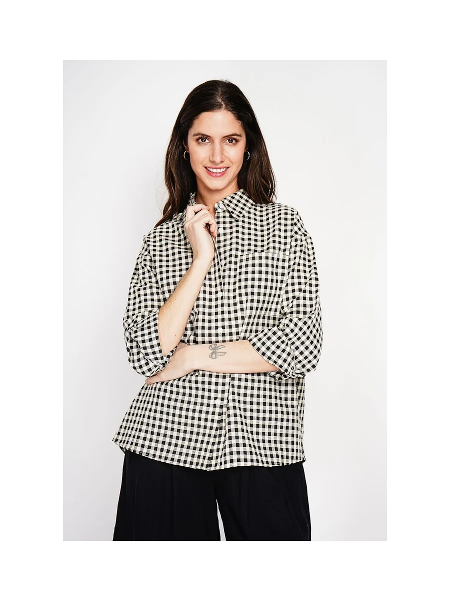 Chemise longue coupe oversize Poche poitrine à manches longues à carreaux 16
