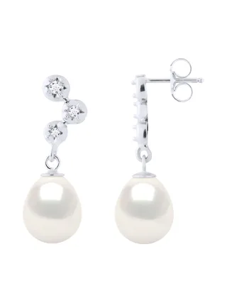 Boucles d'Oreilles Véritables Perles d'Eau Douce 9-10 mm Diamants 0.12 ct — Or Blanc 375 Millièmes 4