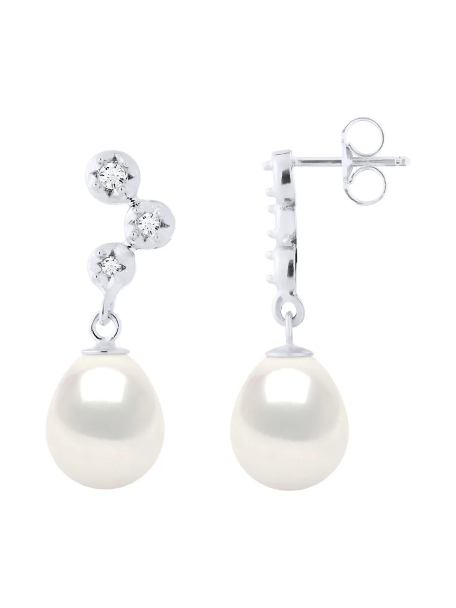Boucles d'Oreilles Véritables Perles d'Eau Douce 9-10 mm Diamants 0.12 ct — Or Blanc 375 Millièmes 4