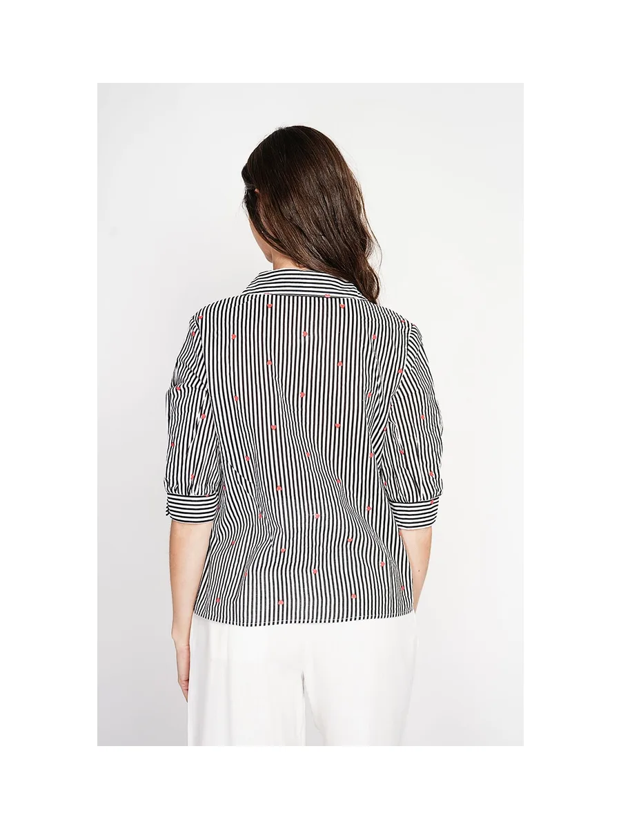Blouse col chemise à rayure en coeur devant croisé en trapèze à manche 3/4 11