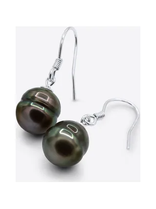 Boucles d'Oreilles Véritables Perles de Tahiti Cerclées 9-10 mm — Argent 925 Millièmes Rhodié 1