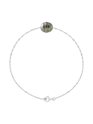 Bracelet Maille Singapour Véritable Perle de Tahiti 9-10 mm — Argent 925 Millièmes Rhodié — 18 cm 1
