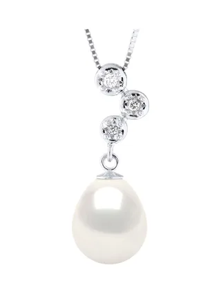 Collier Véritable Perle d'Eau Douce Poire 9-10 mm Diamants 0.06 ct — Or Blanc 375 Millièmes — 42 cm 1