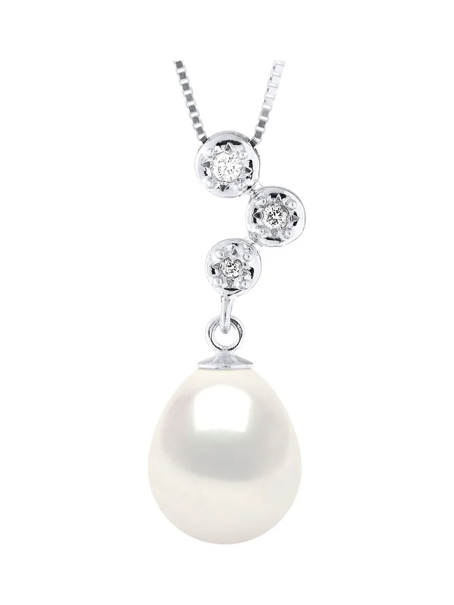 Collier Véritable Perle d'Eau Douce Poire 9-10 mm Diamants 0.06 ct — Or Blanc 375 Millièmes — 42 cm 1