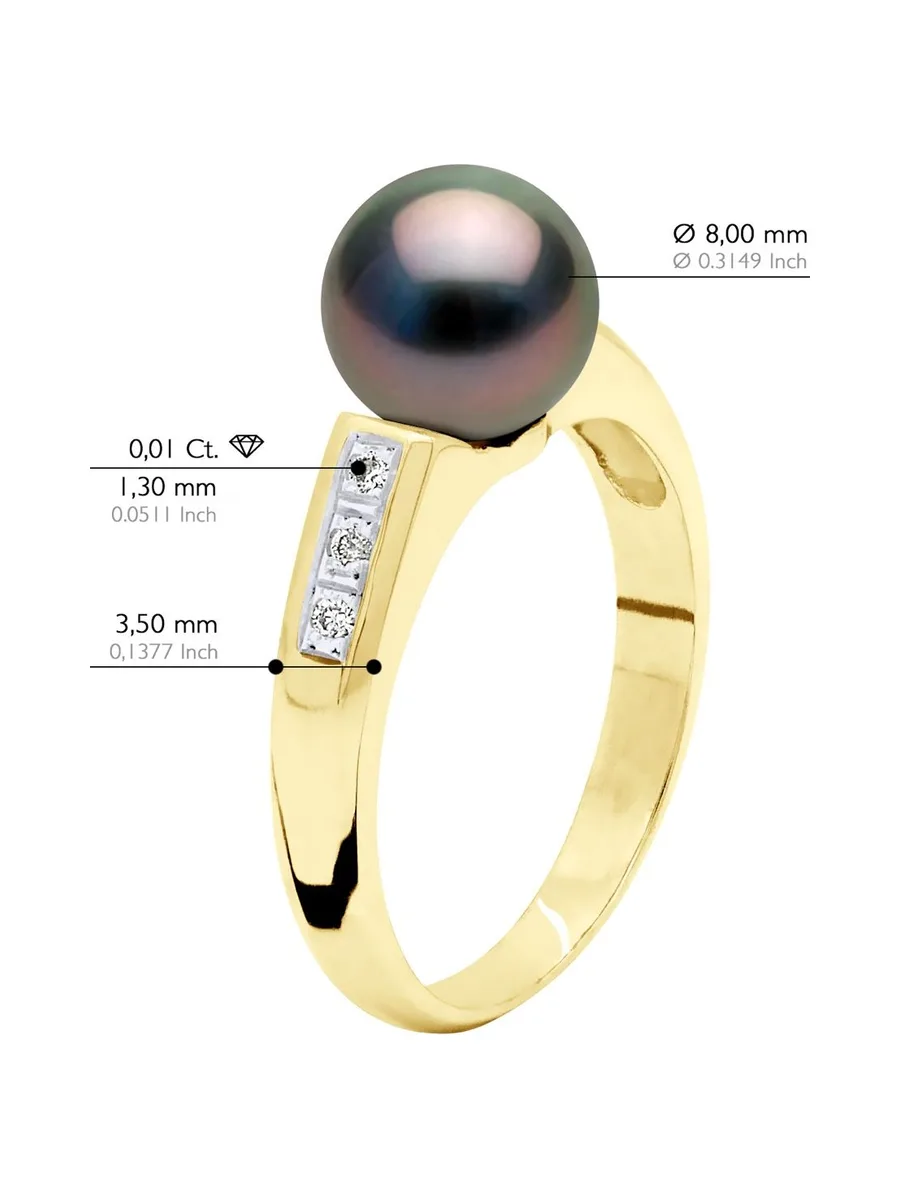Bague Véritable Perle de Tahiti Ronde 8-9 mm Diamant 0.06 ct — Or Jaune 375 Millièmes 2