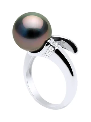 Bague Véritable Perle de Tahiti Ronde 10-11 mm Diamants 0.04 ct — Or Blanc 750 Millièmes 1