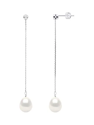 Boucles d'Oreilles Véritables Perles d'Eau Douce 9-10 mm Diamants 0.04 ct — Or Blanc 375 Millièmes 1