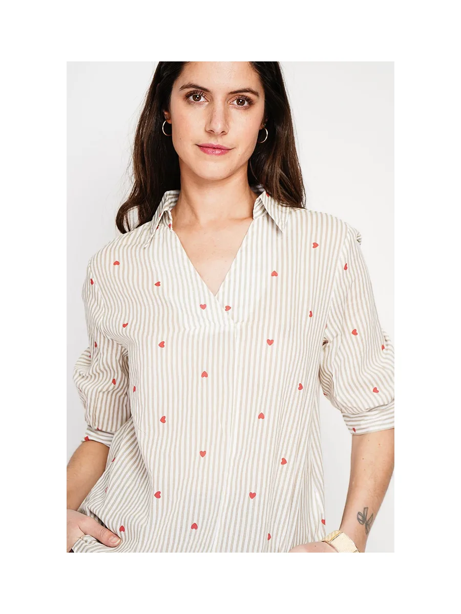 Blouse col chemise à rayure en coeur devant croisé en trapèze à manche 3/4 5