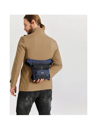 JEFF - Pochette banane en cuir véritable et toile enduite - Bleu 8