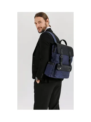 ED - Sac à dos en cuir véritable et toile enduite - Bleu 5