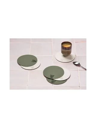 Sous-verre rond réversible - 6 pièces - Cuir recyclé blanc crème et vert de gris 2