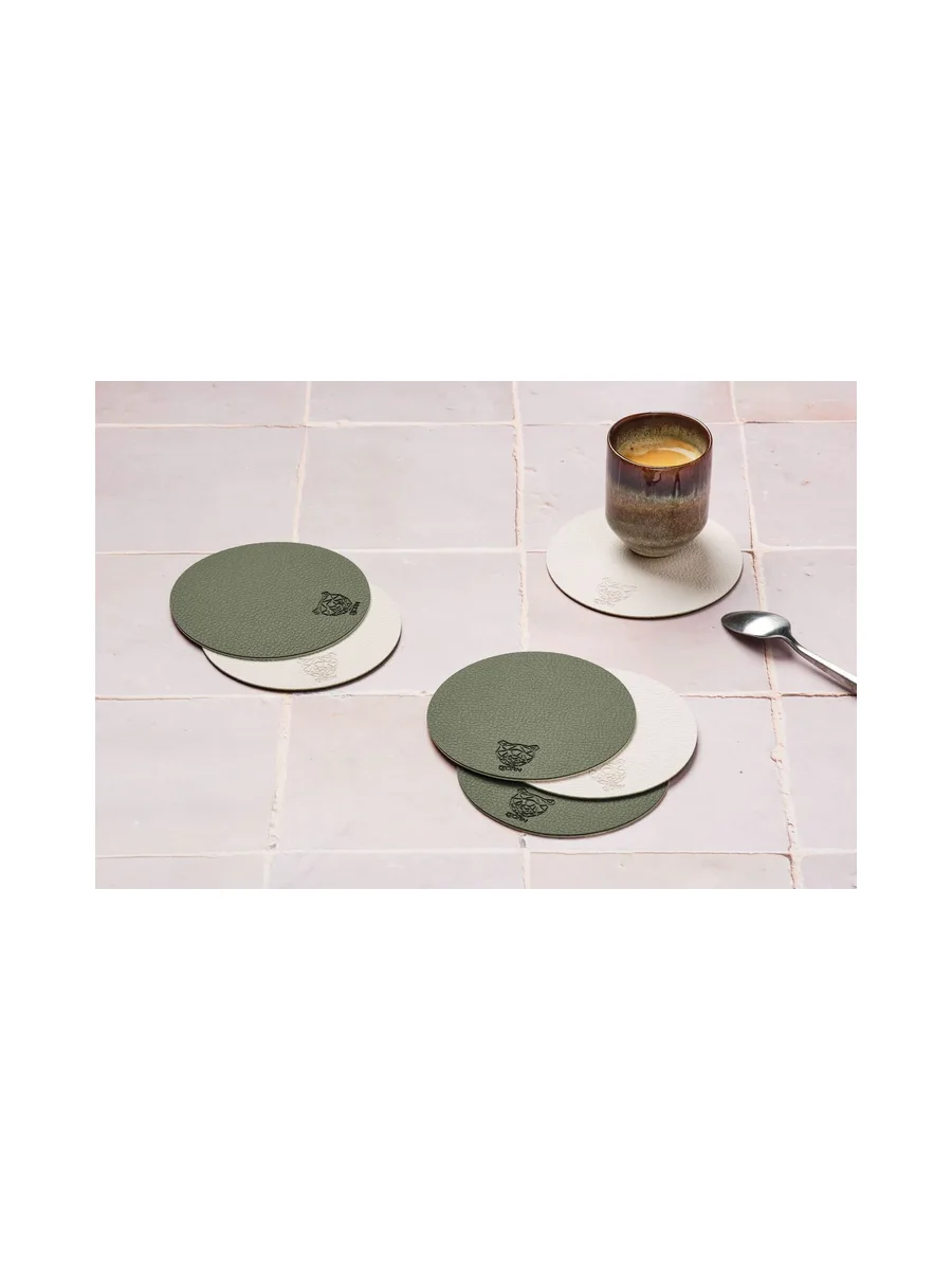 Sous-verre rond réversible - 6 pièces - Cuir recyclé blanc crème et vert de gris 2