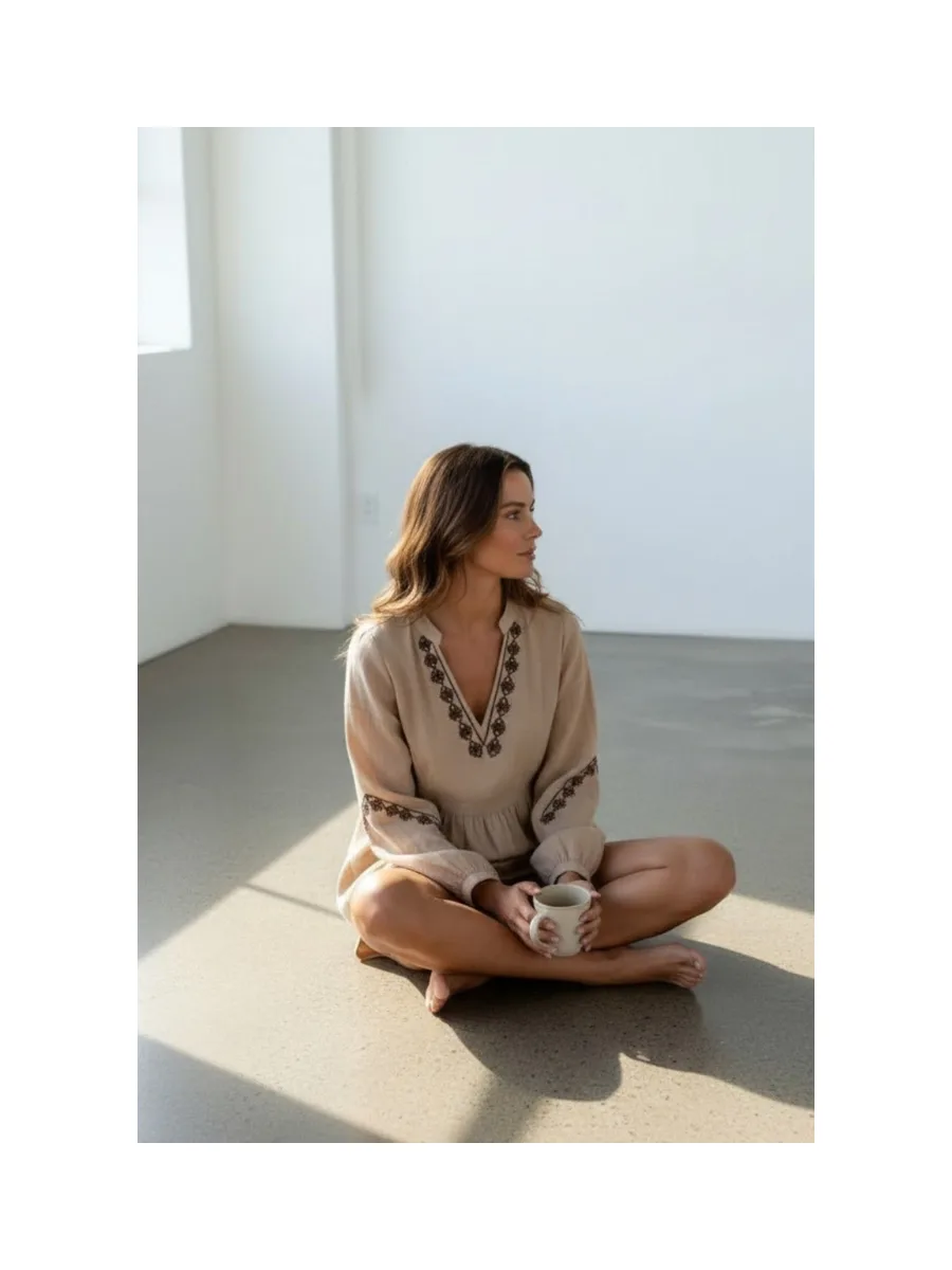 Blouse col tunisien en brodé à manches longues 16