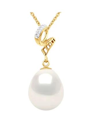 Collier Véritable Perle d'Eau Douce Poire 11-12 mm Diamants 0.03 ct — Or Jaune 375 Millièmes — 42 cm 1