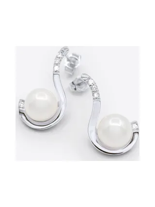 Boucles d'Oreilles Véritables Perles d'Eau Douce 7-8 mm Diamants 0.08 ct — Or Blanc 375 Millièmes 1
