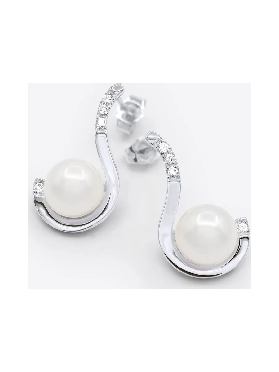 Boucles d'Oreilles Véritables Perles d'Eau Douce 7-8 mm Diamants 0.08 ct — Or Blanc 375 Millièmes 1
