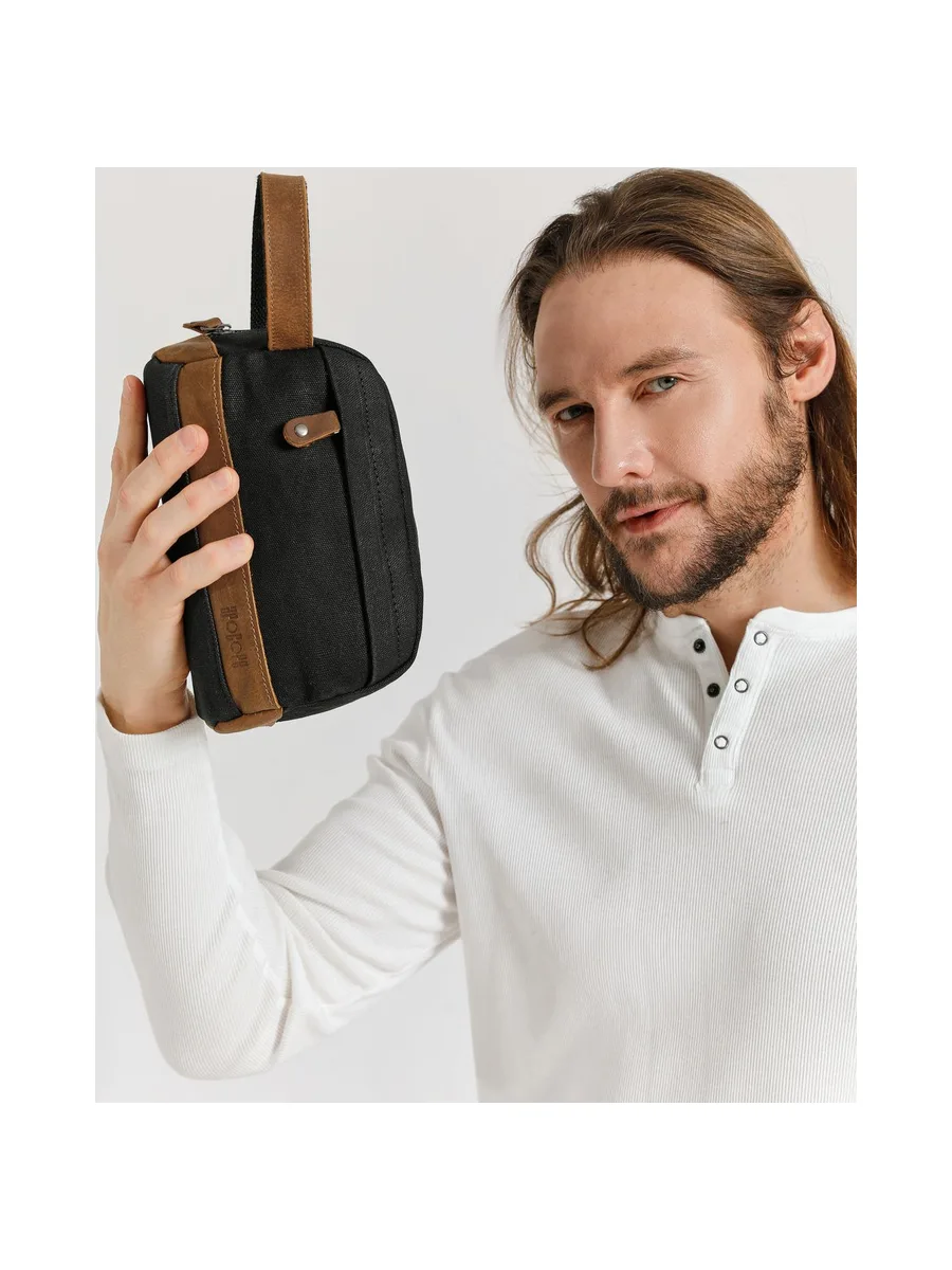 TONY - Trousse de toilette en cuir véritable et toile enduite - Bleu 58