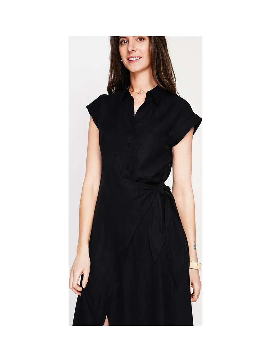 Robe longue col chemise boutonnée devant coupe évasée à manches courtes 11