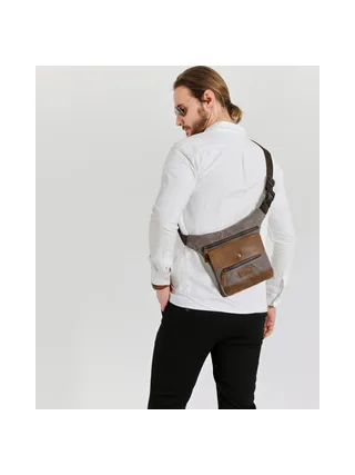 JEFF - Pochette banane en cuir véritable et toile enduite - Bleu 18