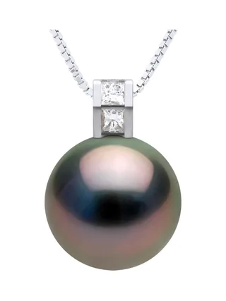 Pendentif Véritable Perle de Tahiti Ronde 11-12 mm Diamant 0.04 ct — Or Blanc 375 Millièmes 1