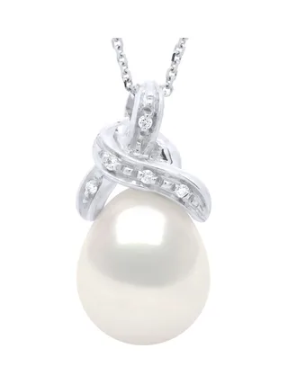 Collier Véritable Perle de Tahiti Poire 9-10 mm Diamants 0.04 ct — Or Blanc 750 Millièmes — 42 cm 1
