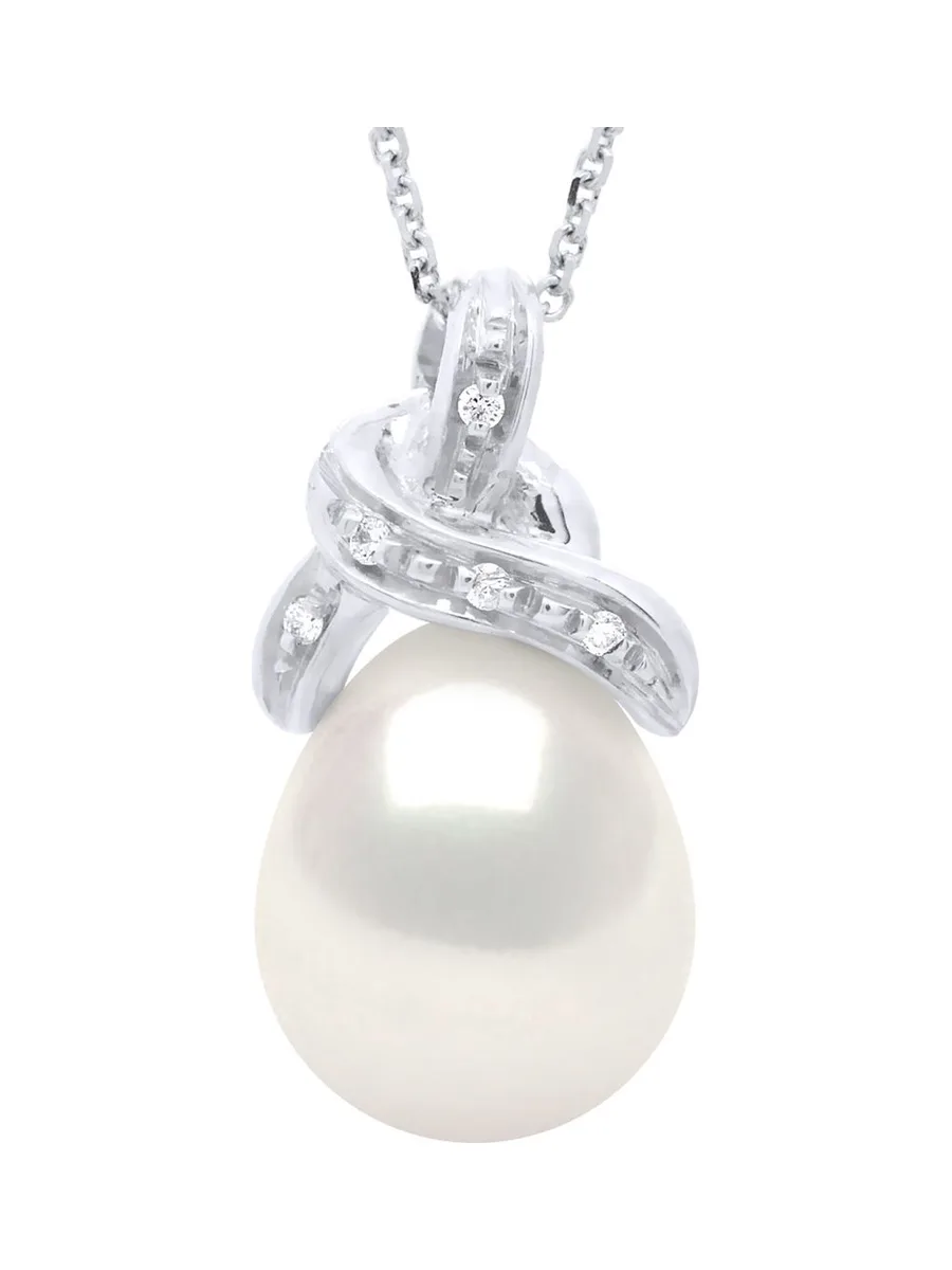 Collier Véritable Perle de Tahiti Poire 9-10 mm Diamants 0.04 ct — Or Blanc 750 Millièmes — 42 cm 1